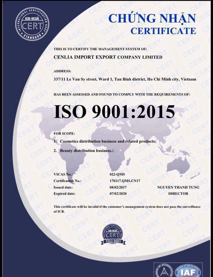 mỹ phẩm cenlia đạt chứng nhận iso 9001 an toàn chất lượng sản phẩm