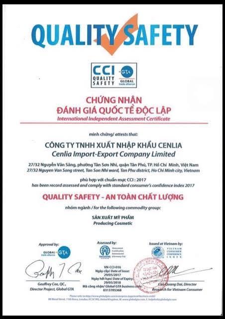 Mỹ phẩm Cenlia đạt chứng nhận “Quality Safety - An toàn chất lượng” năm 2017